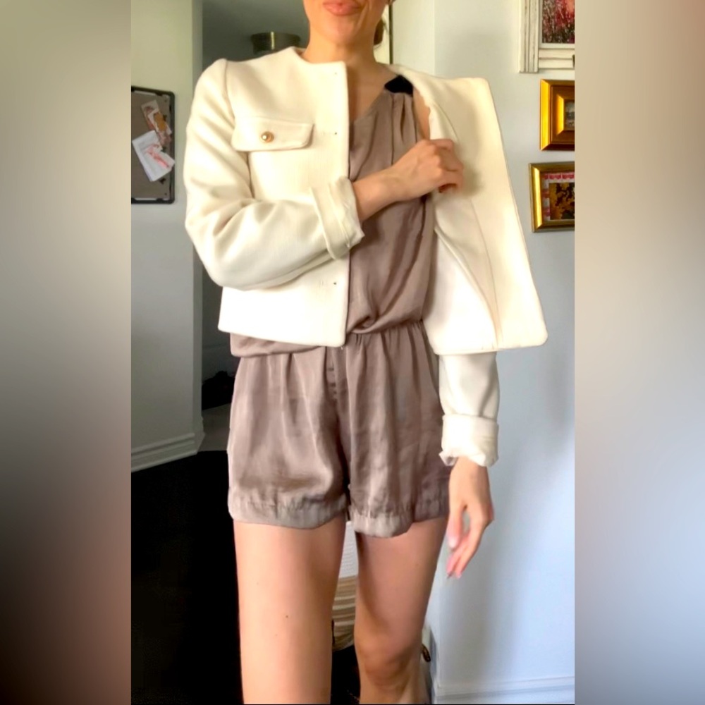 Beige taupe one shoulder shorts romper - Picture 3 of 8